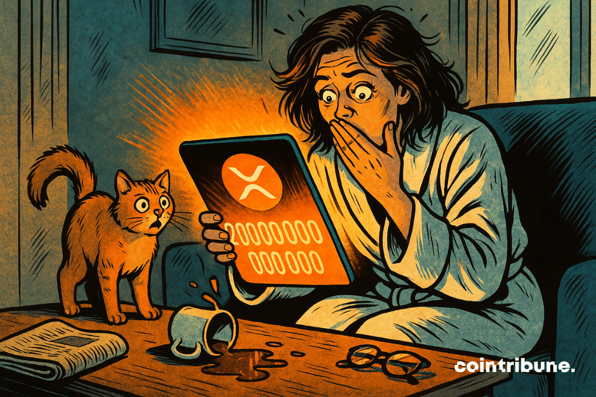 Une femme d'une trentaine d'années, en peignoir blanc, cheveux ébouriffés comme au réveil, observe une tablette numérique affichant « 200 000 000 000 » avec le logo de la crypto XRP brillant au centre.