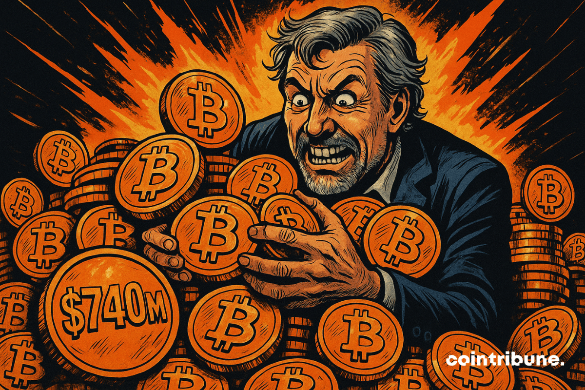 Michael Saylor, frénétique, agrippe des bitcoins empilés. Explosion orange derrière. Pièces marquées "$740M". Style comics années 70.