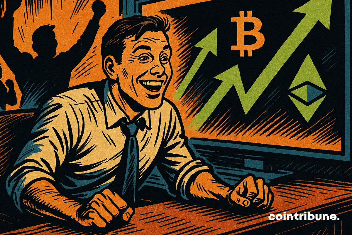 Un commerçant souriant regarde Bitcoin et Ethereum augmenter à l'écran.