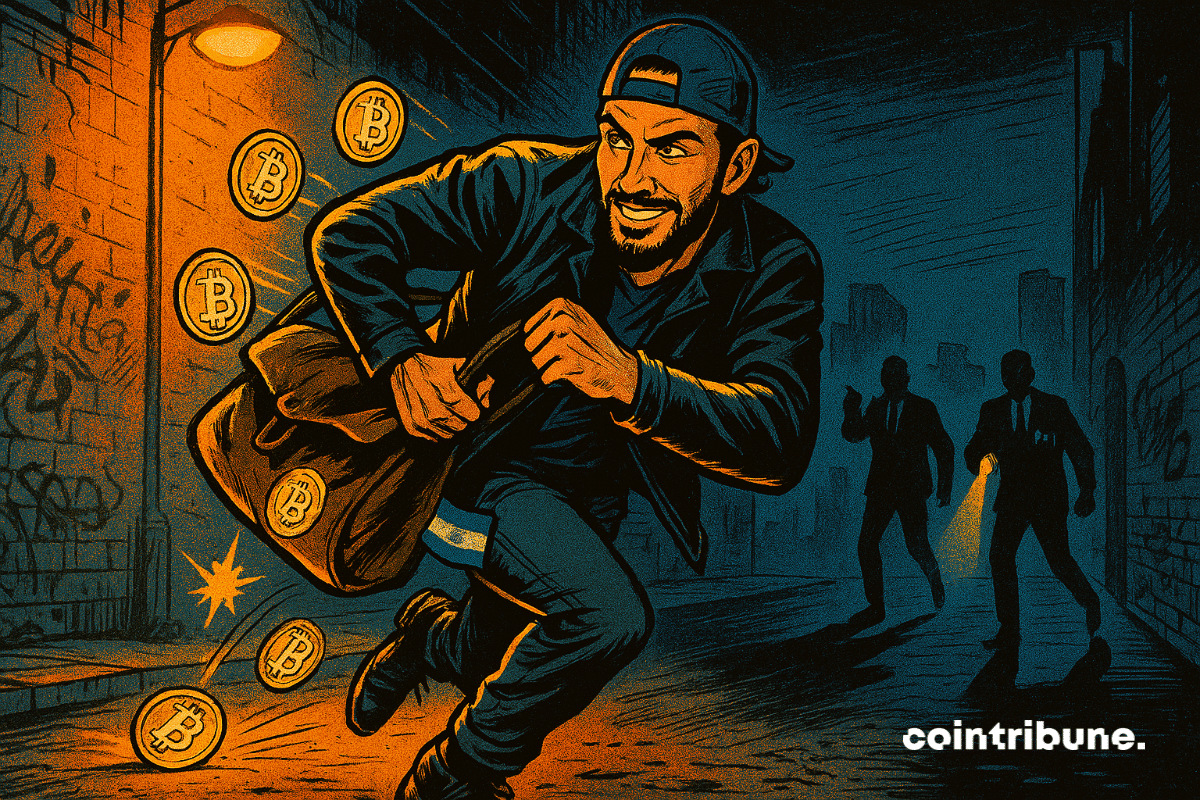 Le président du Salvador, Nayib Bukele, qui s’enfuit avec un sac plein de bitcoins. Les agents du FMI le recherche avec la torche.