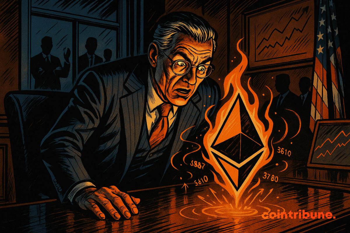 Un homme d'affaires âgé dans un bureau sombre regarde avec émerveillement un logo Ethereum brillant englouti dans des flammes orange au-dessus de son bureau, entouré de chiffres de prix en hausse et de figures sombres.