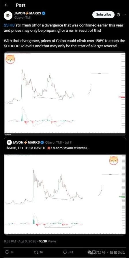 Javon Marks 发布了带有技术图表的 SHIB 价格预测推文