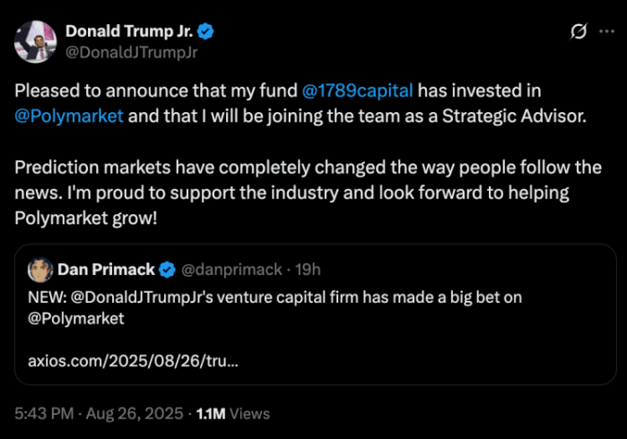 小唐纳德·特朗普 (Donald Trump Jr.) 在 X 上投资 Polymarket 帖子。