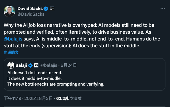 白宮AI加密沙皇：AI取代工作論述過度誇大