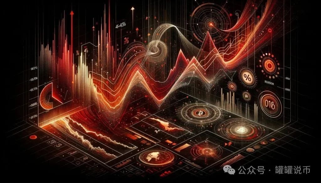 金融市场崩溃的抽象数字可视化，带有红色下降趋势线和百分比指标