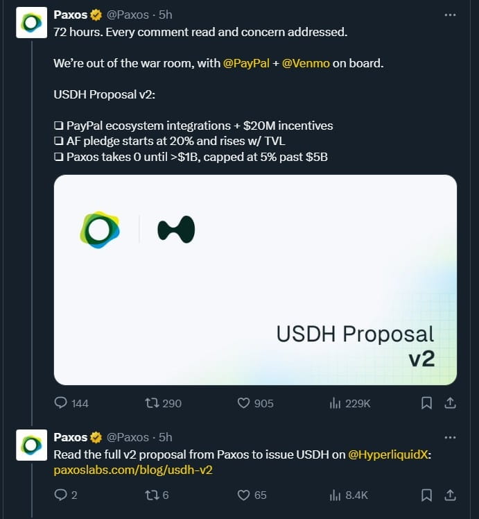 Paxos USDH Proposal V2 Released Today