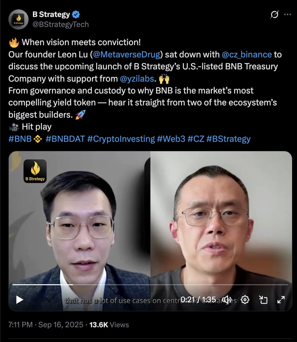 BNB News: CZ Highlights BNB Utility as B Strategy Pushes $1B Nasdaq Treasury  Listing | Binance News on Binance Square