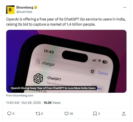 ChatGPT Go Free In India - Bloomberg X Post