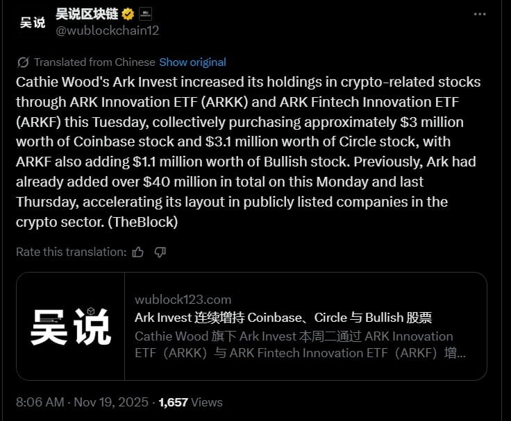 Cathie Wood Ark Invest Increases Crypto Stock Buys.