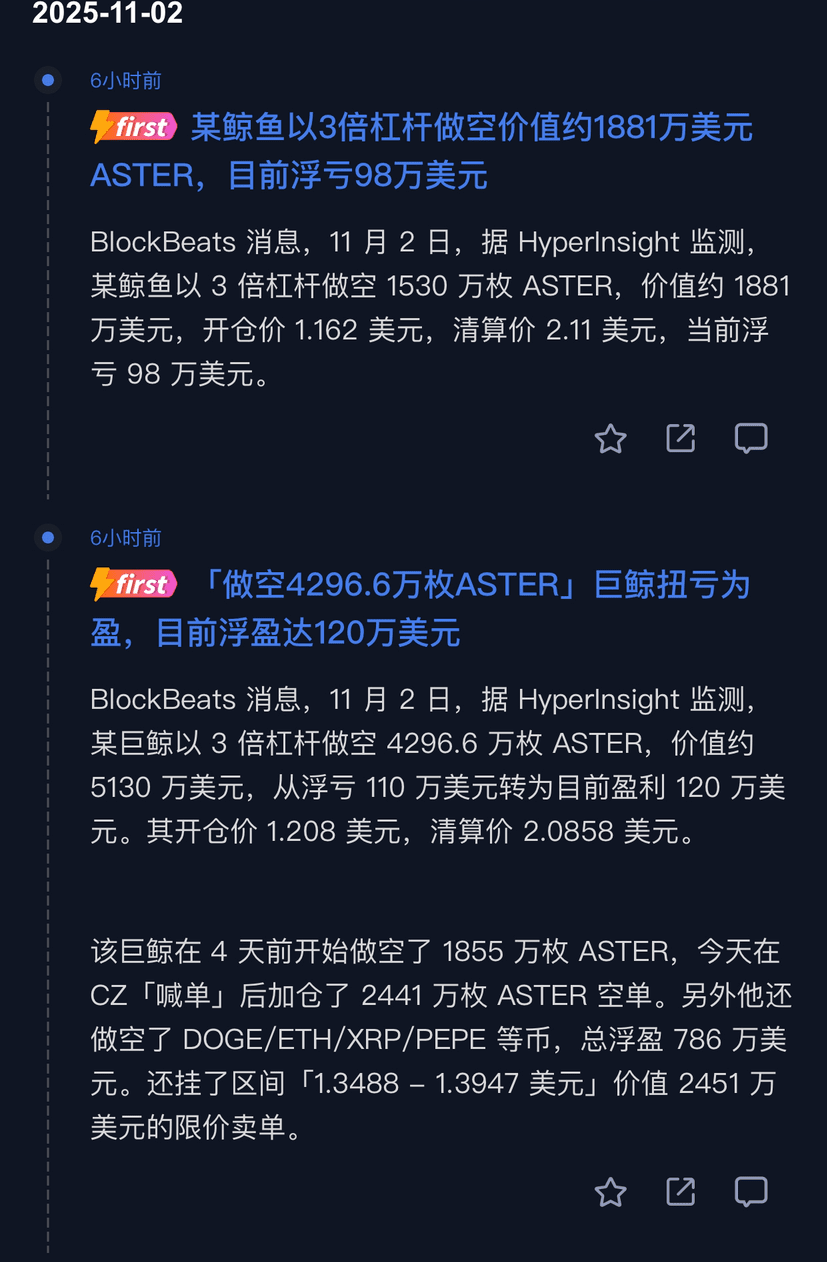 ASTER 🔥“從虧110萬，到賺120萬，只用了4天！” 是的！一巨鯨他3倍槓桿空4296萬ASTR，市值50 | 幣安廣場上的puppies苡汐