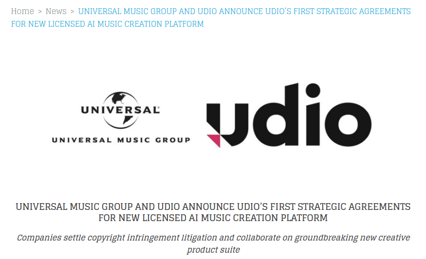 環球音樂集團 (UMG) 與華納音樂集團 (WMG) 已分別與 AI 音樂生成平台 Udio，達成版權訴訟和解