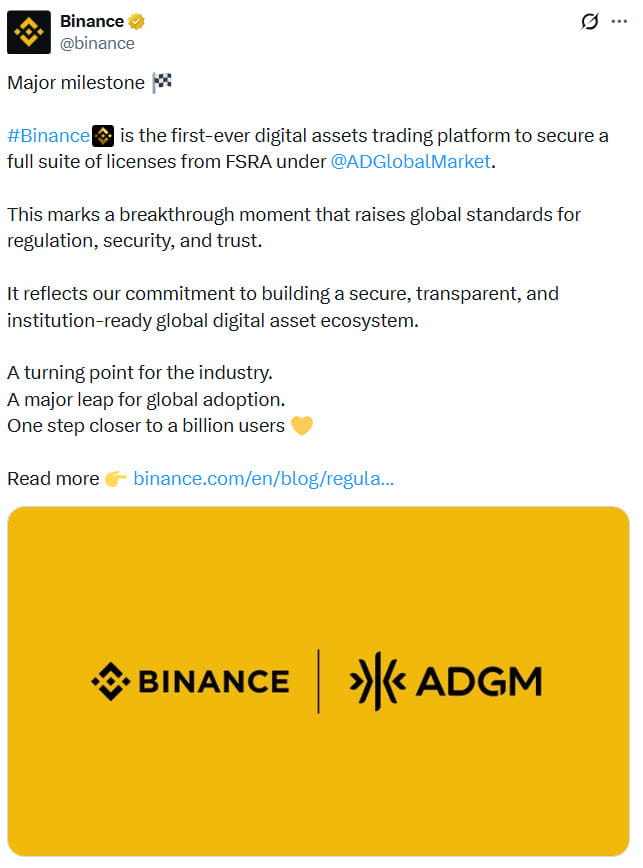 Binance secures ADGM licenses to operate international platform