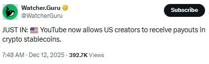 Youtube PYUSD Payments News