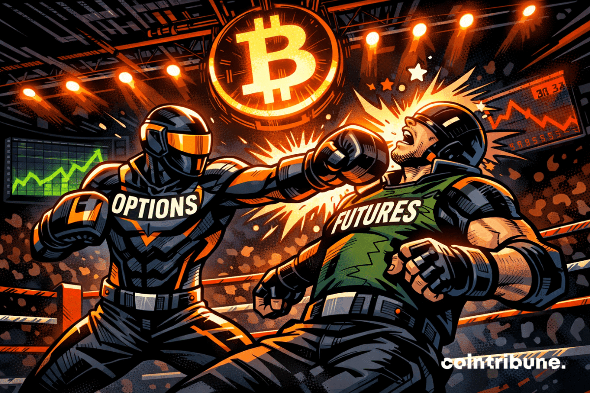 Illustration de style bande dessinée représentant un combat de boxe entre deux combattants futuristes : l'un, intitulé « OPTIONS », frappe l'autre, intitulé « FUTURES ». Un symbole Bitcoin lumineux brille au-dessus du ring, avec en arrière-plan des graphiques de prix illustrant la volatilité.
