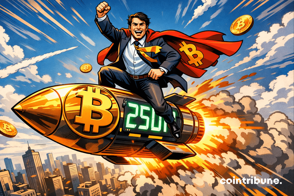 Comic-style image of Tim Draper riding a Bitcoin rocket with "250K" in the sky above a city.