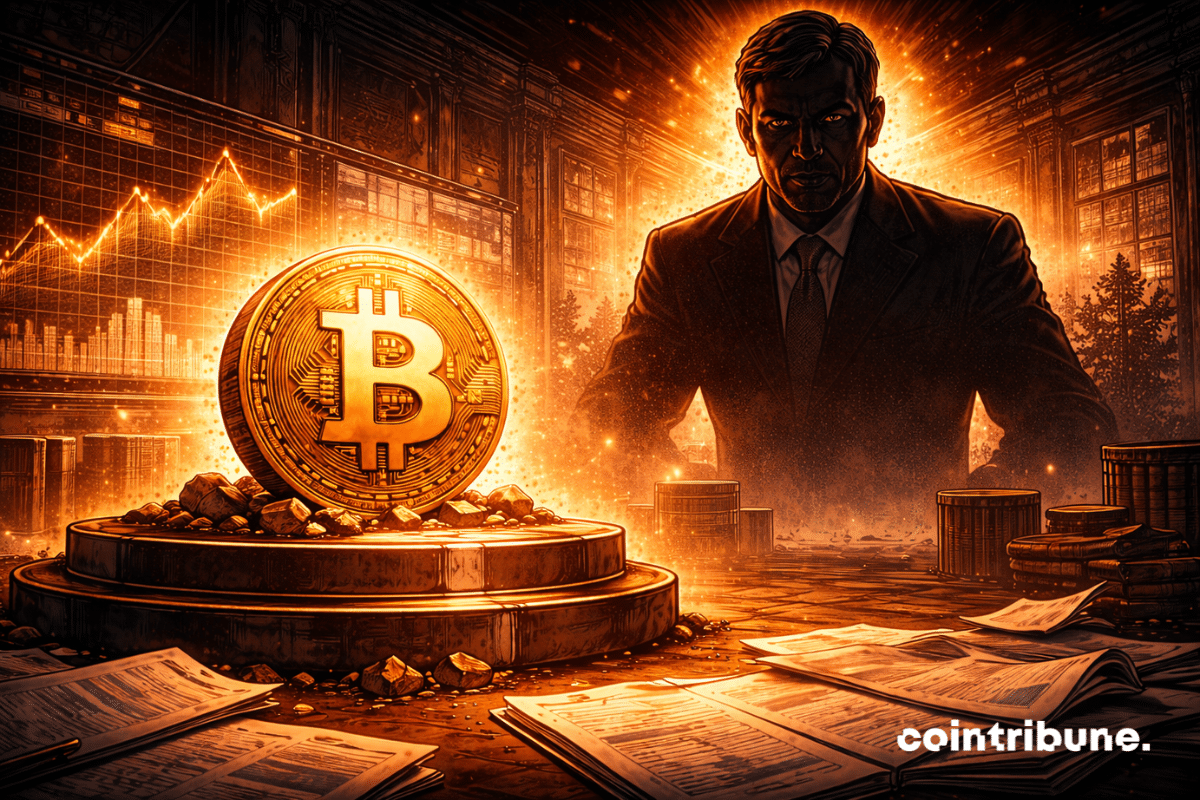Le bitcoin est posé sur une plateforme financière. Derrière lui, une immense silhouette de banquier central (un représentant de la Fed) se profile dans l’ombre, projetant une zone sombre qui recouvre partiellement la crypto.