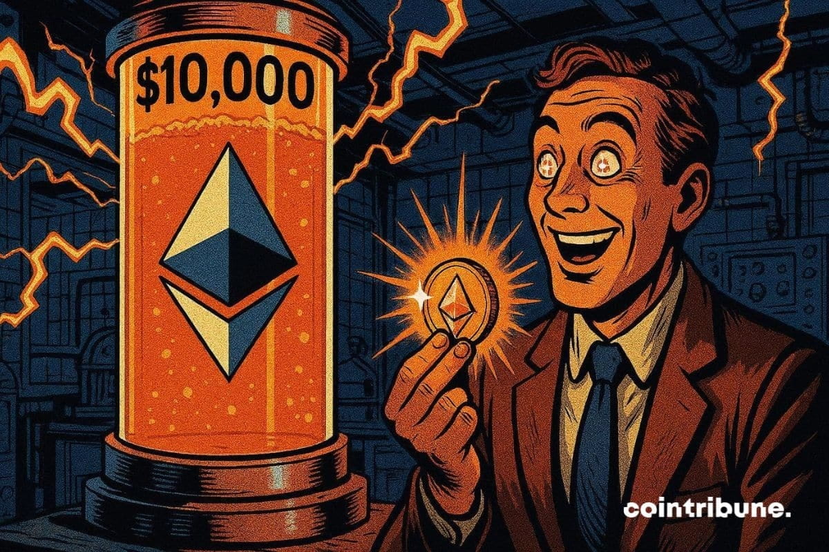 Un investisseur crypto devant un tube d’énergie Ethereum qui monte vers un nouveau record.
