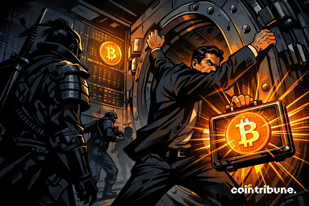 Federal agent slams vault door shut holding glowing Bitcoin case, watched by shadowy samurai.