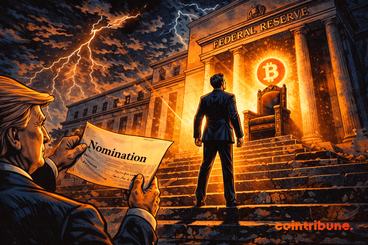 Kevin Warsh monte les marches de la Fed vers un trône vide, sous le regard de Trump et d’un Bitcoin suspendu.