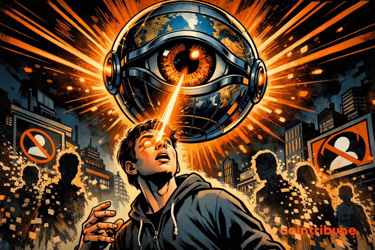 Une IA en forme de globe projette un rayon orange sur l’œil d’un jeune