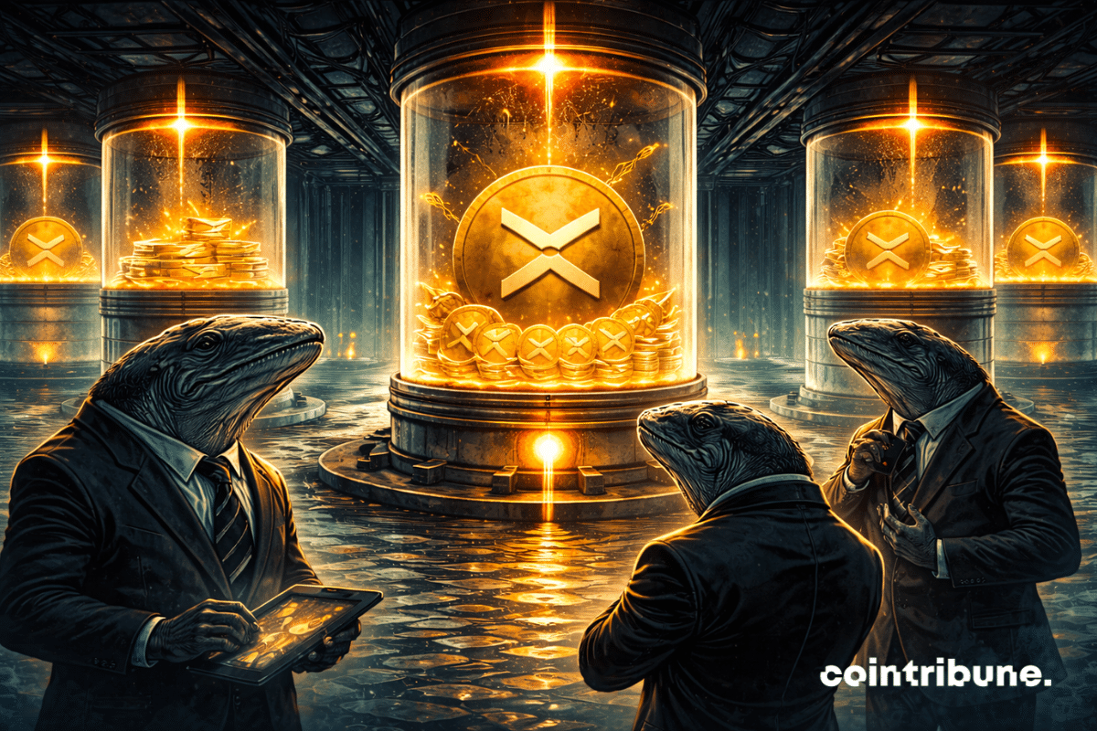 Dans une salle de trésorerie abstraite, de gros réservoirs XRP se remplissent goutte à goutte via des flux orange très fins, presque invisibles. Des baleines observent la scène.