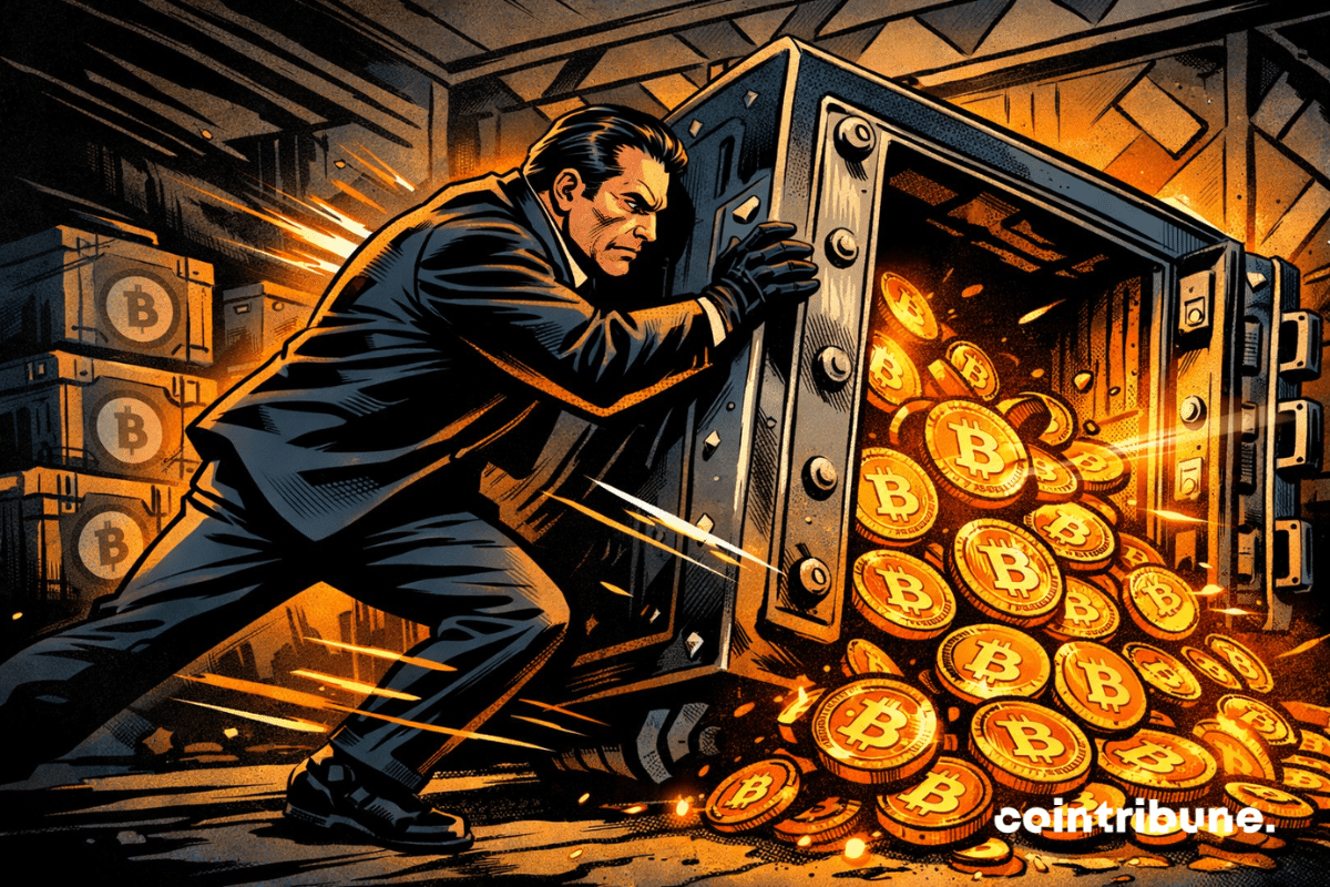 Une scène façon bande dessinée montre un homme déterminé en costume sombre ouvrant de force une lourde chambre forte, tandis que des pièces de Bitcoin orange vif s’en échappent, avec en arrière-plan des caisses d’ombres remplies de stablecoins.