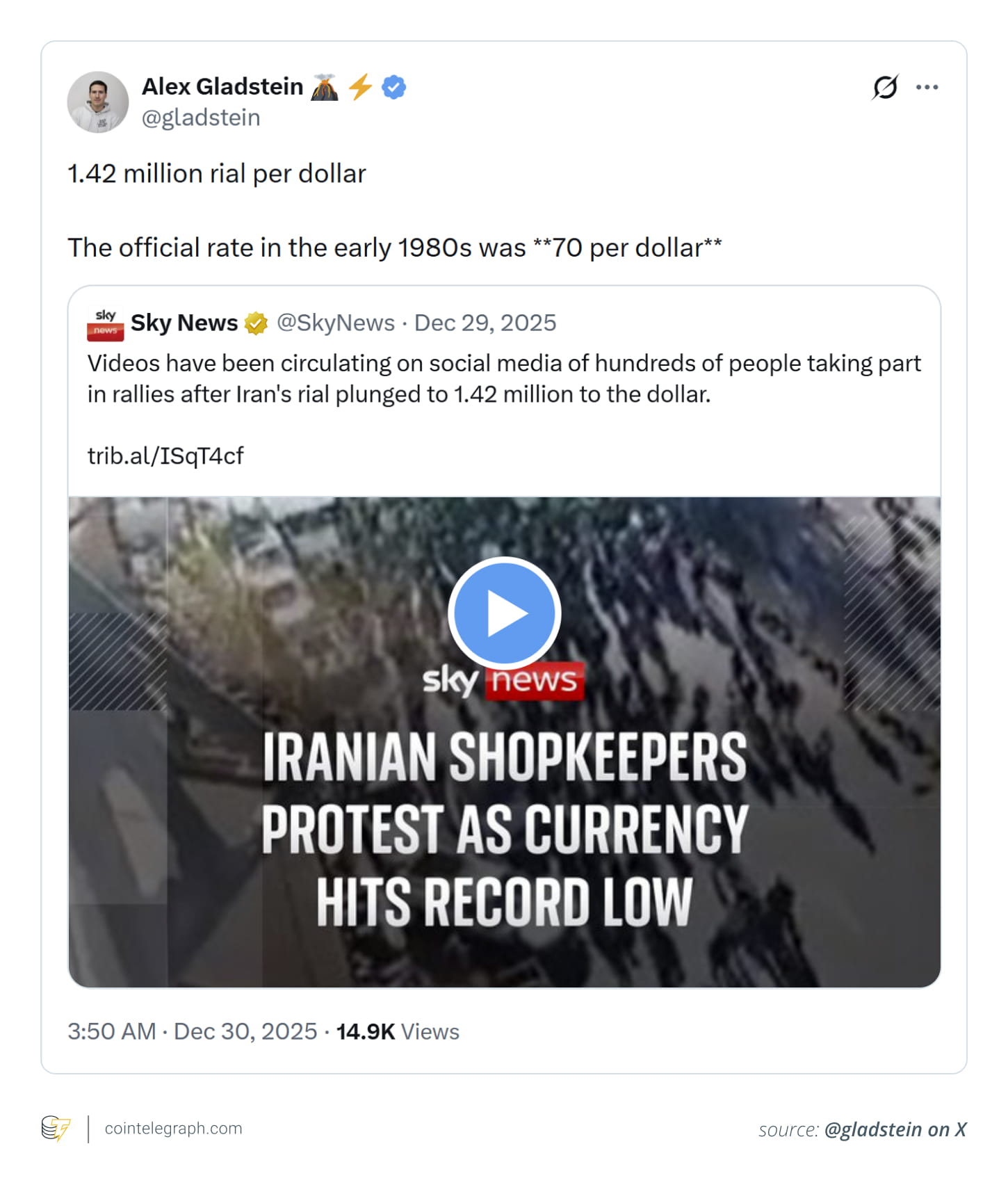 伊朗货币崩溃表明比特币为何被视为退出选项| Cointelegraph发布于币安广场