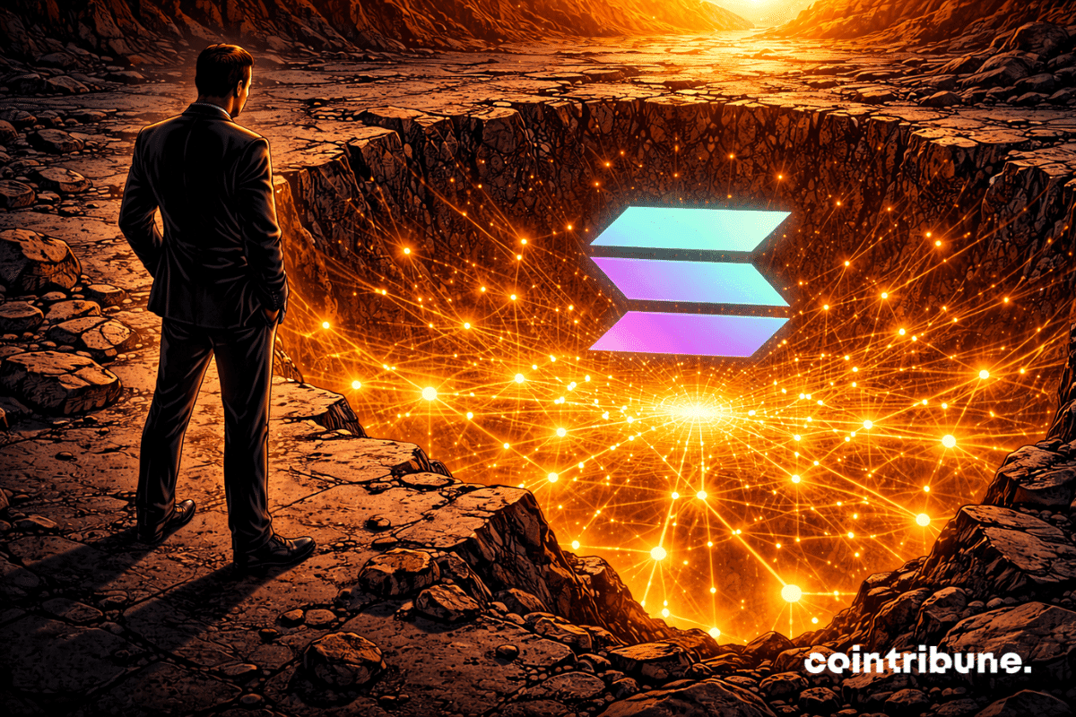 La crypto Solana repose sur un sol fissuré, semblant s’enfoncer légèrement. Sous la surface, des flux lumineux on-chain soutiennent la structure.