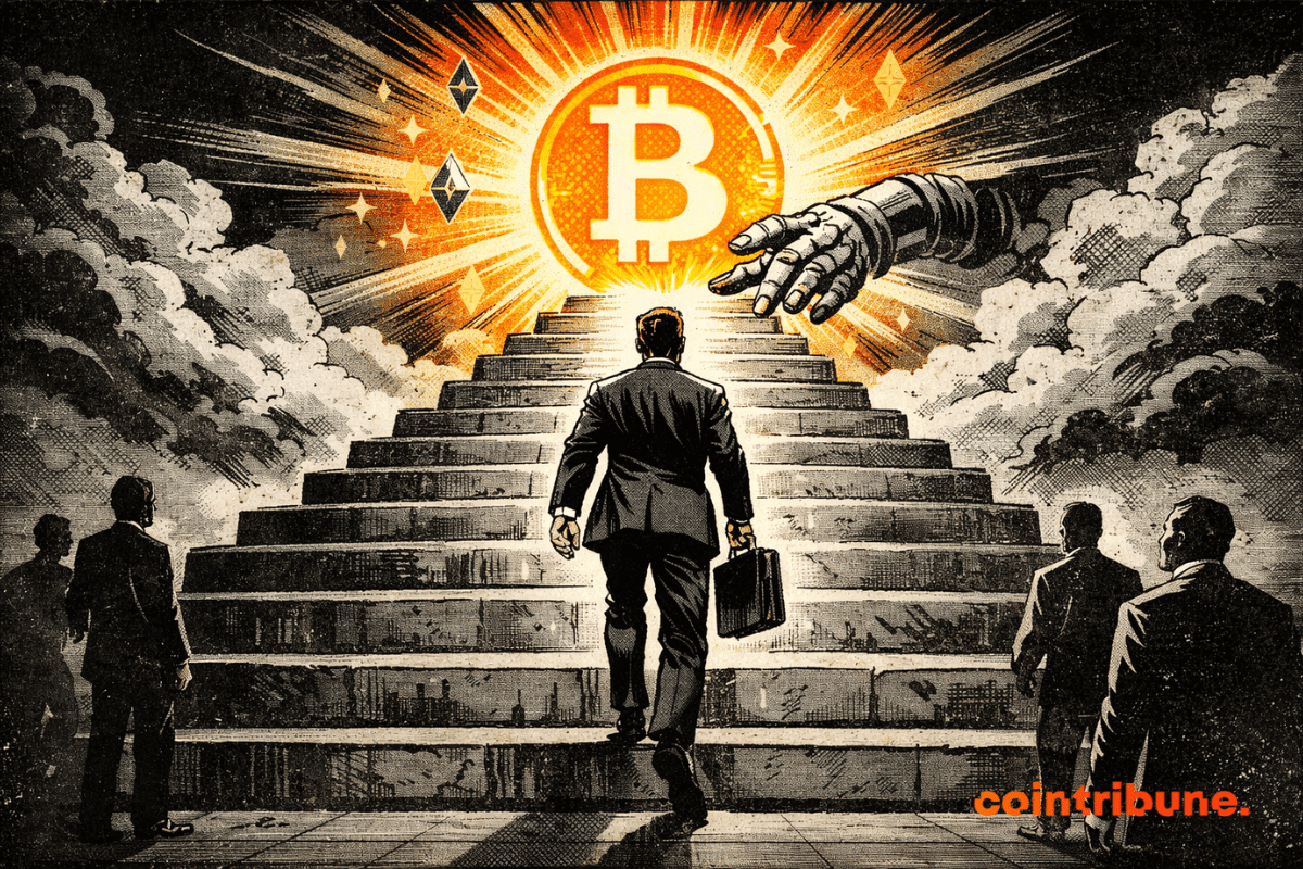 A businessman climbs a monumental staircase toward a glowing Bitcoin under a stormy sky, watched by other figures.