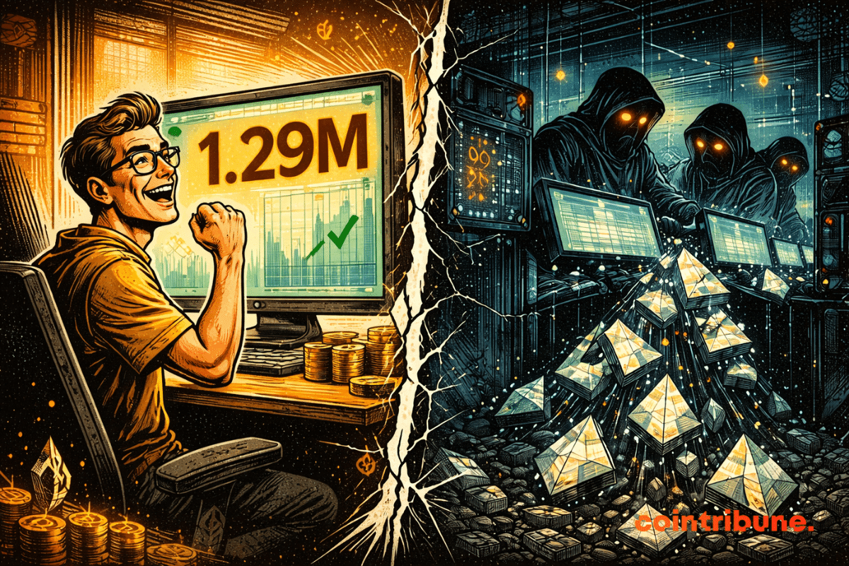 Un développeur euphorique célèbre un record, tandis qu’en secret, des figures sombres manipulent Ethereum dans l’ombre inquiétante.