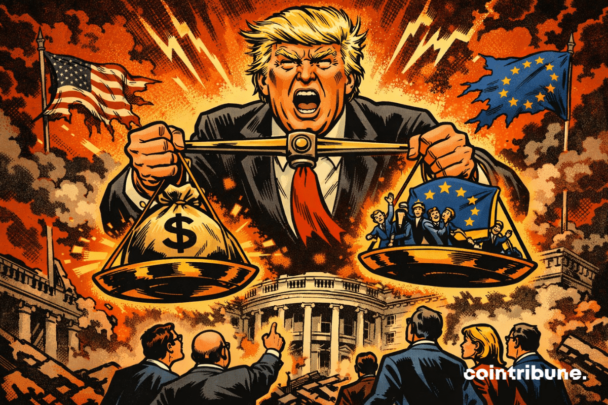 Trump en colère brandit une balance déséquilibrée entre argent et diplomates européens, sur fond d'apocalypse entre USA et UE.