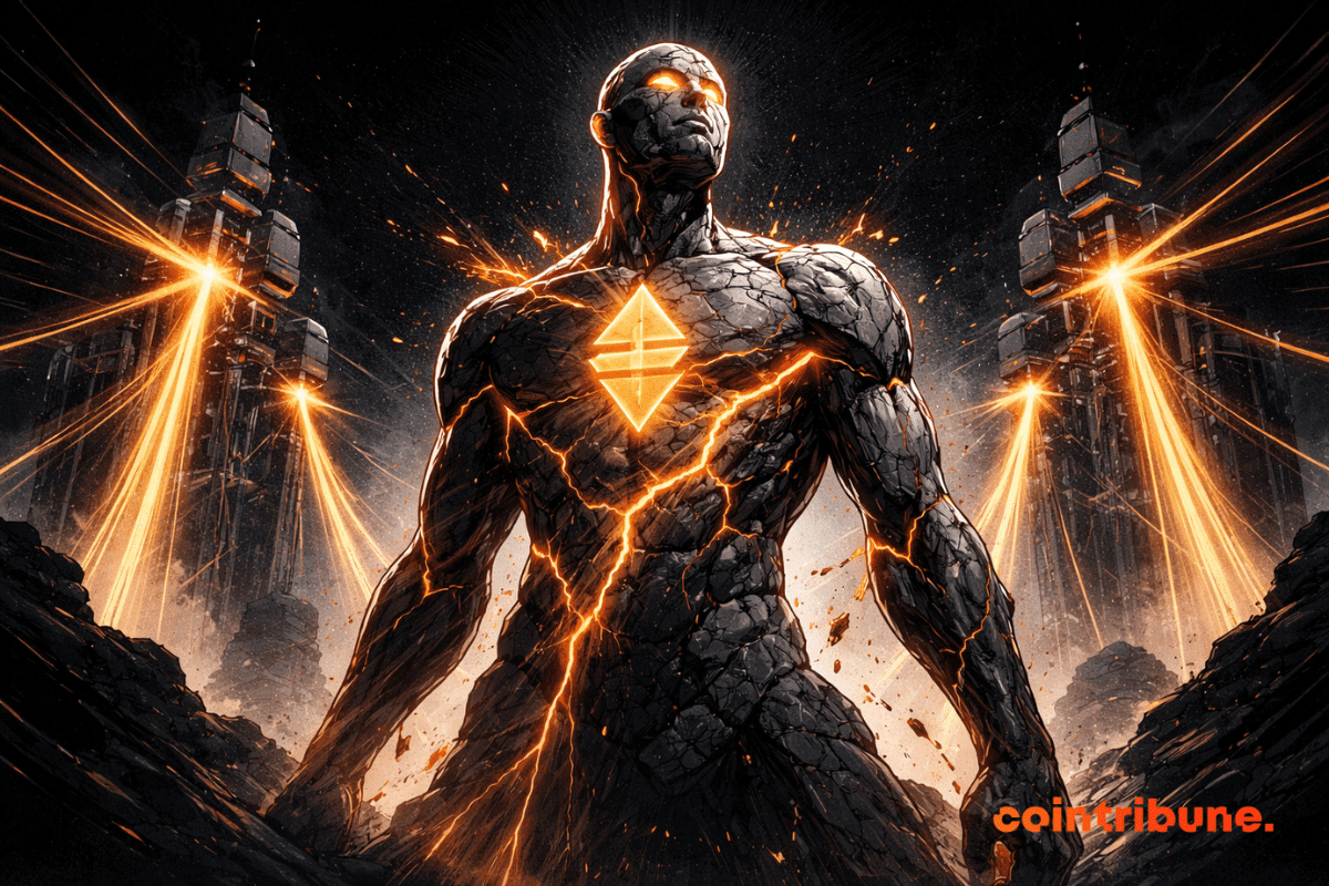 Une statue humanoïde massive et fissurée, rayonnant d'une énergie orange, se dresse dans l'obscurité tandis que des structures imposantes absorbent sa lumière. Au loin, une silhouette en costume suggère que BlackRock observe la scène.