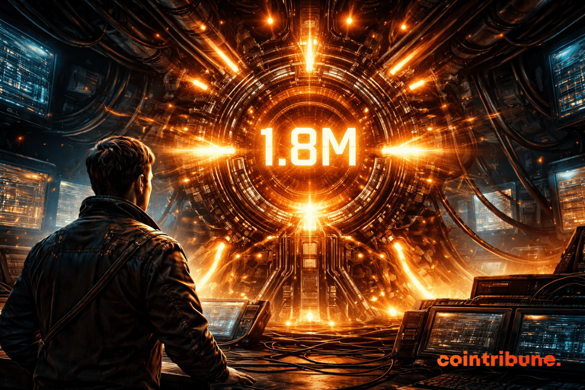 Un technicien se tient dans une salle de contrôle sombre, face à un immense noyau mécanique orange lumineux marqué 1,8M, entouré de câbles, d’écrans et d’une énergie pulsante.