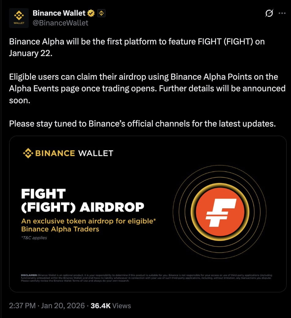 Binance Alpha to Launch FIGHT Token on January 22, Airdrop Details Pending  | Binance News en Binance Square