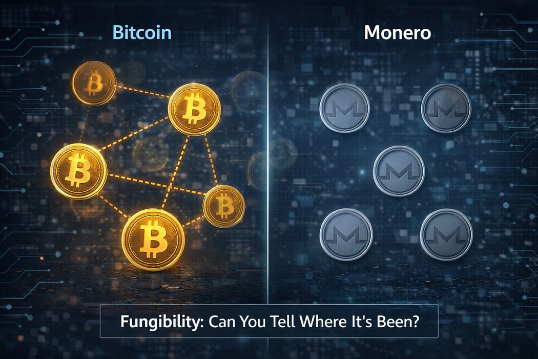 Split landscape graphic comparing fungibility: on the left, Bitcoin coins connected by visible transaction lines; on the right, identical Monero coins with no traceable history. Caption reads, “Fungibility: Can You Tell Where It’s Been?”