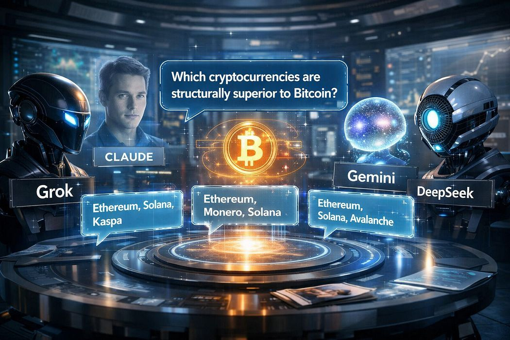 Photorealistic futuristic control room scene showing four AI avatars labeled Grok, Claude, Gemini, and DeepSeek gathered around a glowing holographic table with a large illuminated Bitcoin symbol at the center. A speech bubble above reads, “Which cryptocurrencies are structurally superior to Bitcoin?” Each AI displays its selected cryptocurrencies in floating blue panels, including Ethereum, Solana, Monero, Kaspa, and Avalanche.