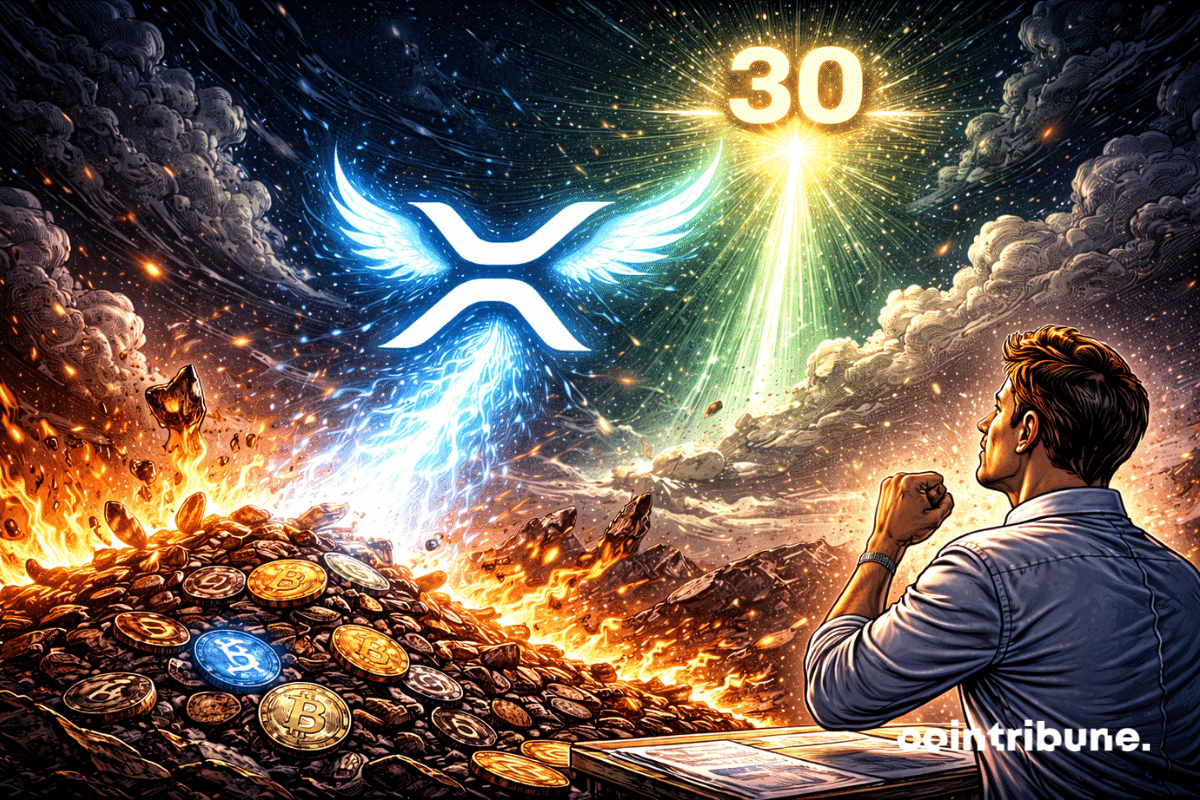 Le XRP est symbolisé comme un phénix renaissant au-dessus d’un tas de cendres crypto, volant vers une lueur « 30 » dans le ciel sous le regard d’un trader.