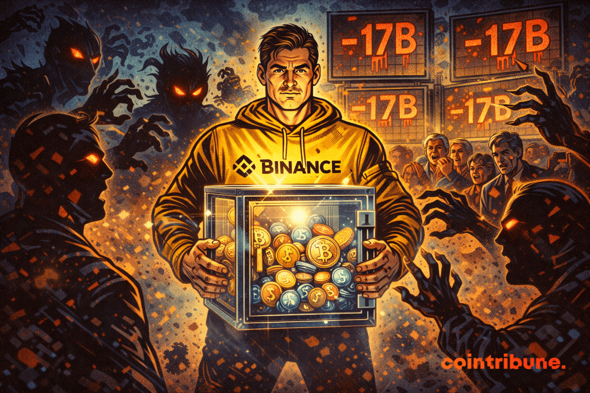 Binance brandit un coffre transparent rempli de cryptos, repoussant des ombres menaçantes tandis qu’un écran affiche -17B en rouge.