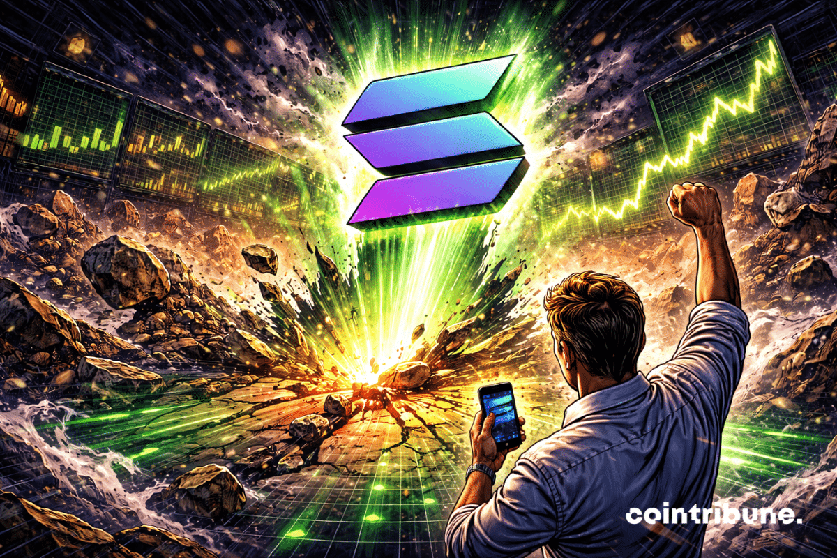 Le sol craque et le logo de la crypto Solana jaillit vers le ciel après un tremblement de terre graphique.