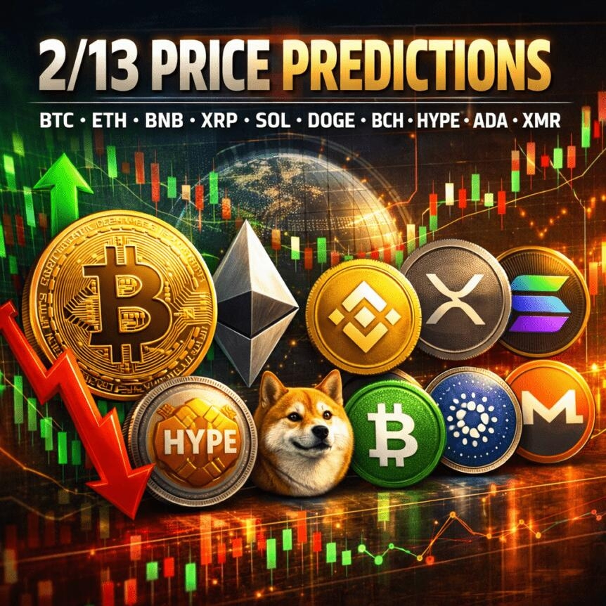 2/13 Price Predictions: Btc Eth Bnb Xrp Sol Doge Bch Hype Ada Xmr