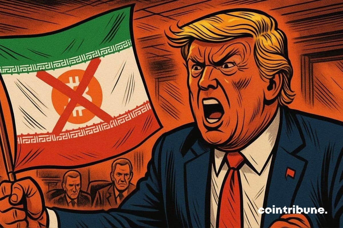 Le président des États-Unis Donald Trump avec le drapeau de l’Iran avec du bitcoin barré dessus. Marquant les sanctions des plateformes crypto.