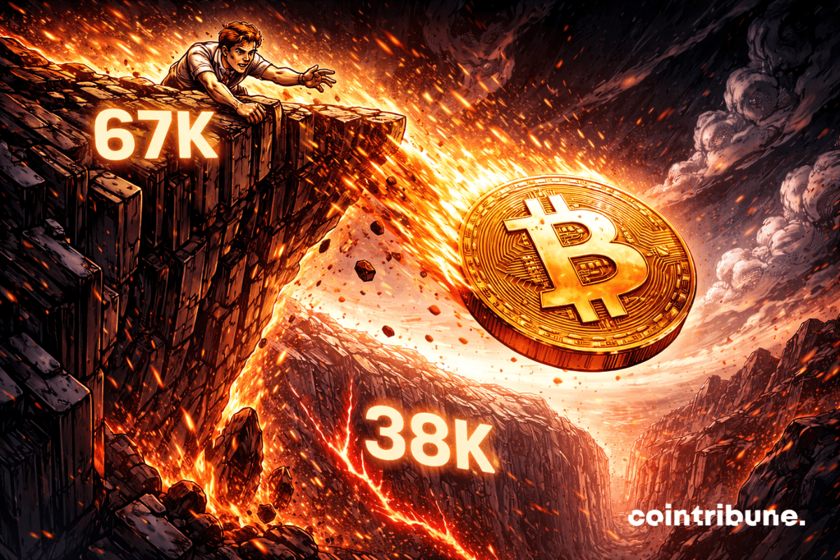 Le logo du bitcoin tombe du rebord d’une falaise numérique marqué « 67K », en direction d’un gouffre avec le chiffre « 38K » en bas.