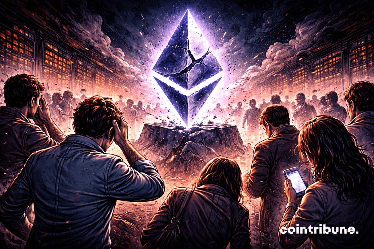 Une foule de porteurs tourne le dos à un totem Ethereum fissuré, ce qui symbolise la chute du prix de l’Ether sous les 2000 $.