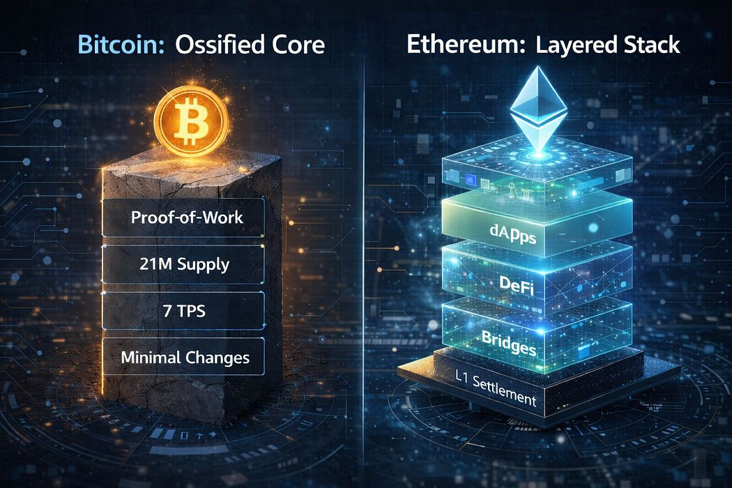 Split infographic comparing Bitcoin’s “ossified core” (Proof-of-Work, 21M supply) with Ethereum’s layered stack of L1, bridges, DeFi, and dApps.