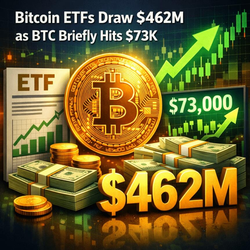 Bitcoin Etfs Draw $462m As Btc Briefly Hits $73k
