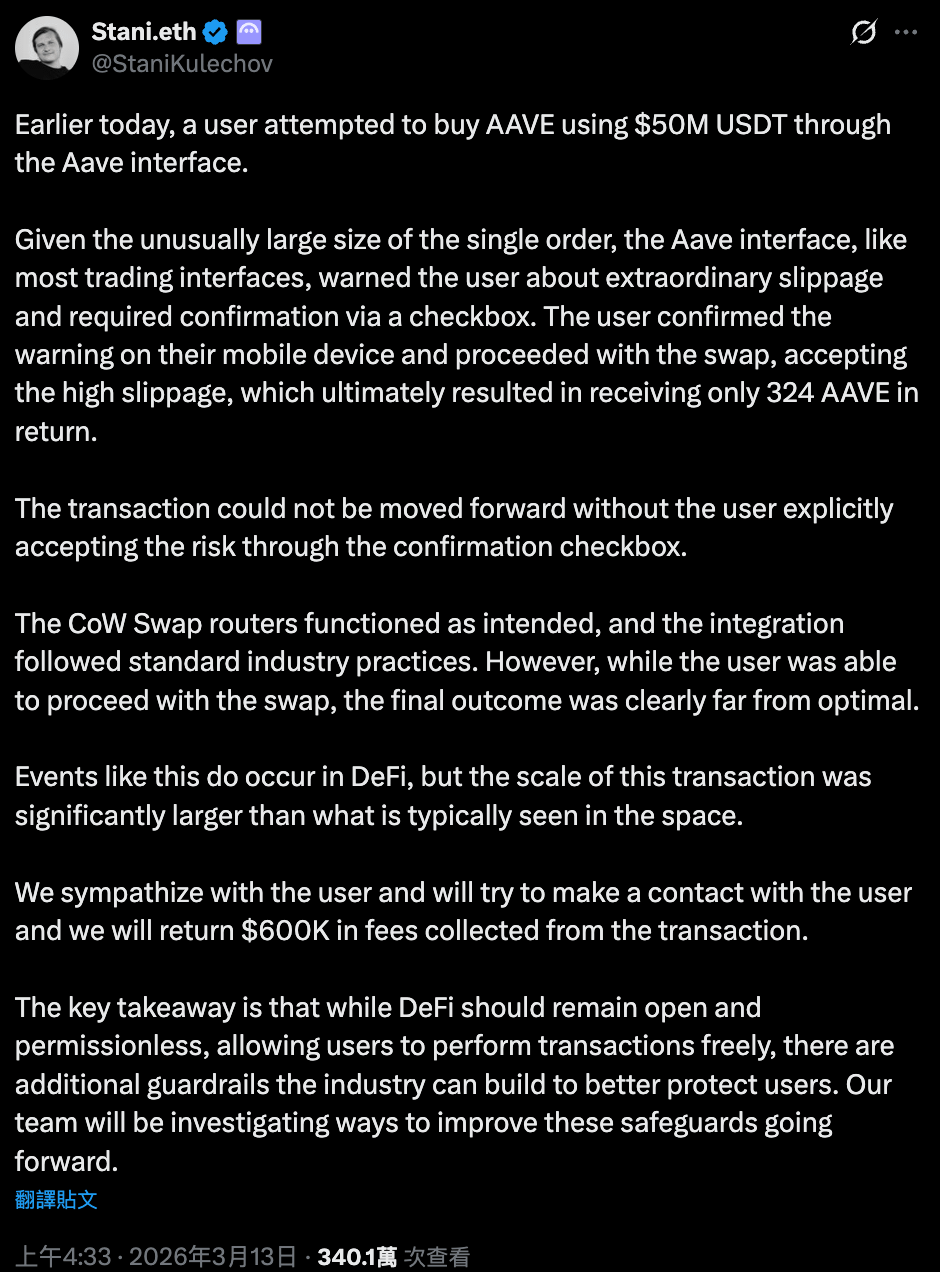 Aave 創辦人 Stani Kulechov 說明，該筆交易是透過 Aave 介面整合的 CoW Swap 路由系統執行，並未出現協議漏洞或惡意攻擊