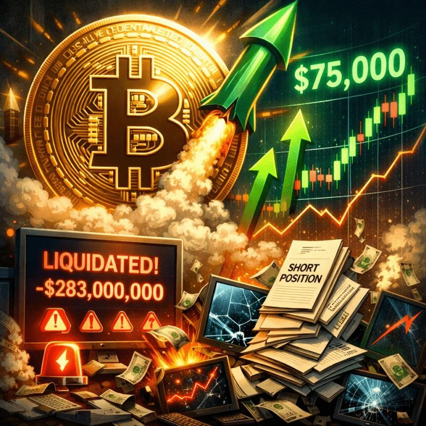 Short Squeeze Drives Bitcoin Above $75k, $283m In Liquidations