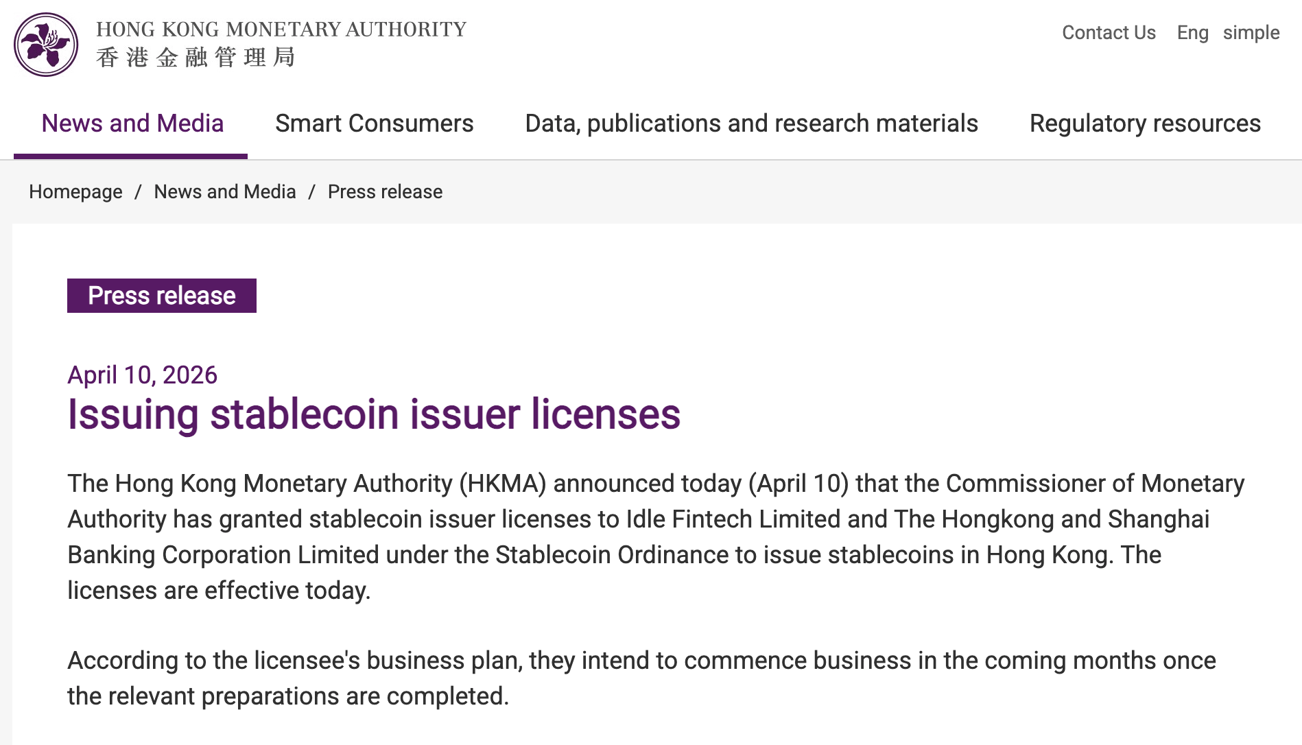 Crypto News: Hong Kong Grants First Stablecoin Issuer Licenses to HSBC, Idle Fintech