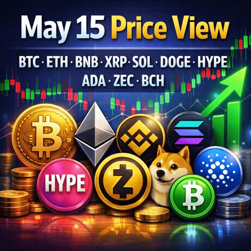 May 15 Price View Btc, Eth, Bnb, Xrp, Sol, Doge, Hype, Ada, Zec, Bch