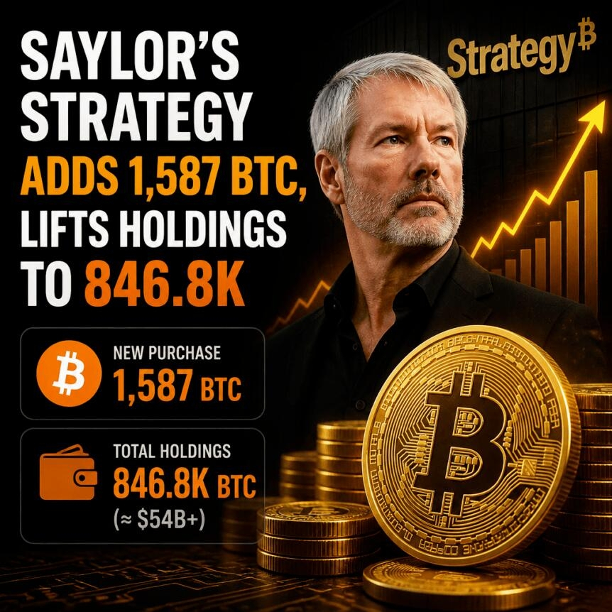 Saylor’s Strategy Adds 1,587 Btc, Lifts Holdings To 846.8k